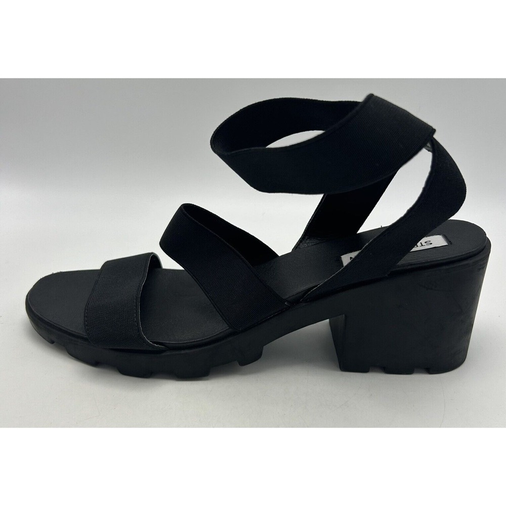 Steve Madden Sandals Womens 9.5 Black Ankle Strap Chunky Block Heel Elastic 3"